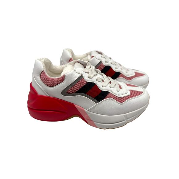 Gucci Leather Mesh Rhyton Trainer Sneakers White Pink Reflective Size 34.5 - Picture 3 of 6